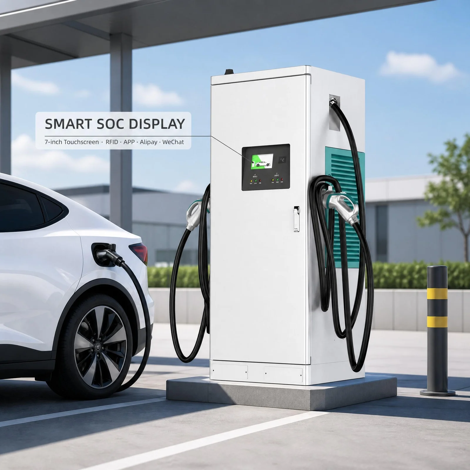 All-in-one DC charging station beside an electric car, from the AEGIS product catalogue